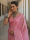 Banarasee Handwoven Tissue Saree With Sliver Zari Checks Design-Pink