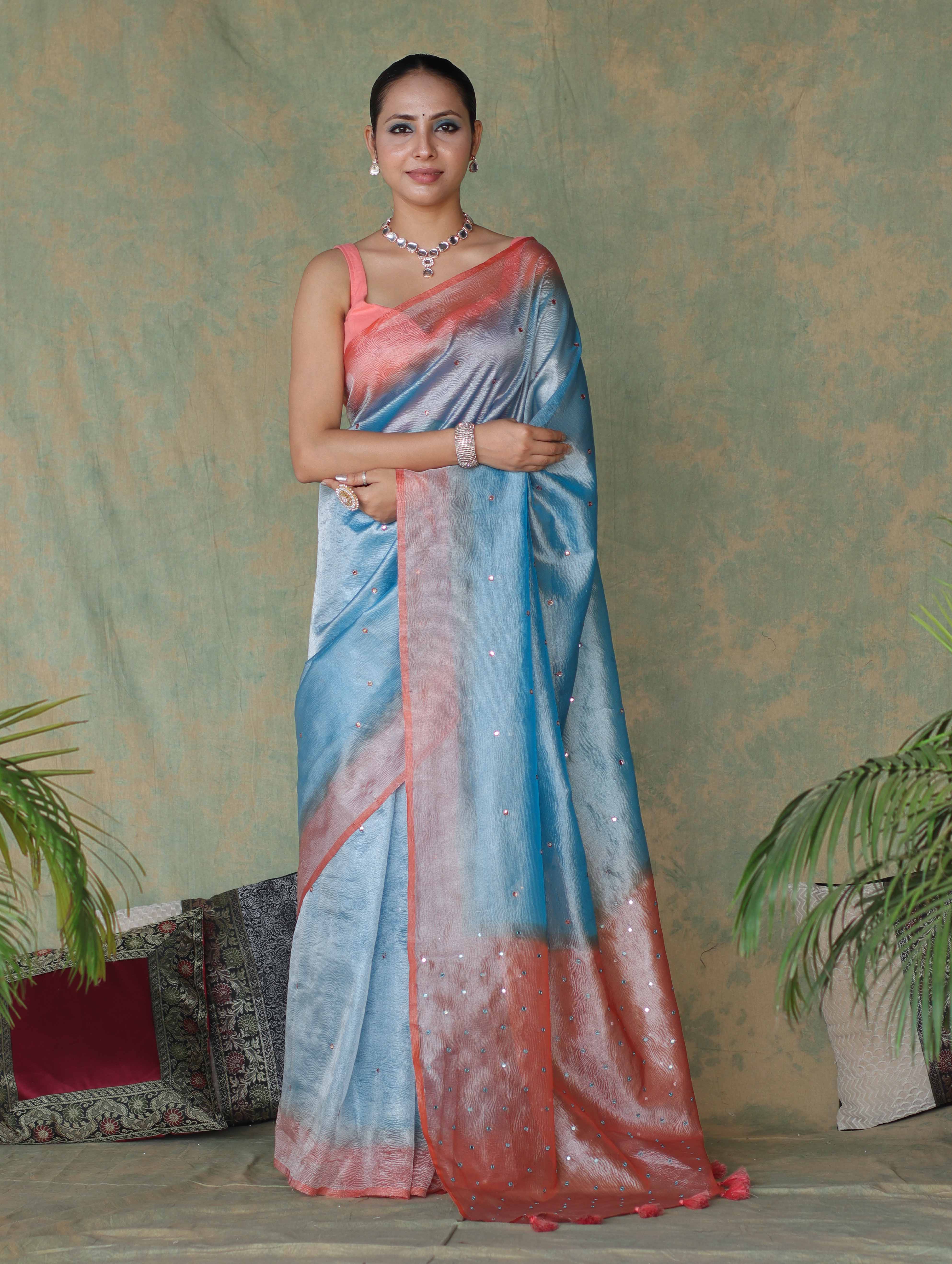Banarasee Handwoven Crushed Tissue Saree With Mirror Work & Contrast Border-Sky Blue