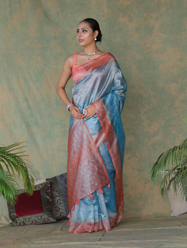 Banarasee Handwoven Crushed Tissue Saree With Mirror Work & Contrast Border-Sky Blue