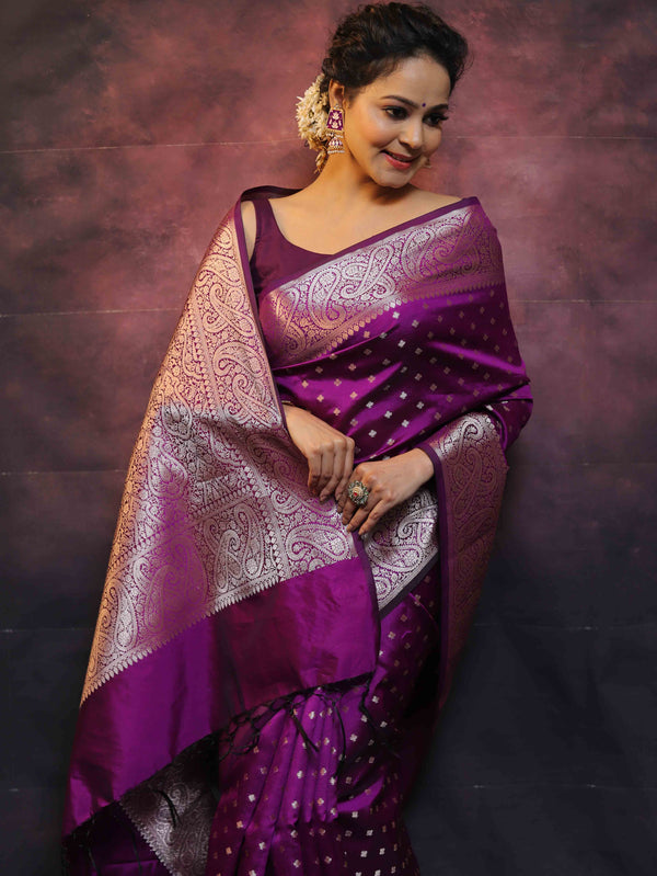 Banarasee Handwoven Semi Silk Saree With Zari Work-Violet