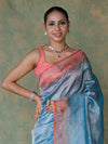 Banarasee Handwoven Crushed Tissue Saree With Mirror Work & Contrast Border-Sky Blue