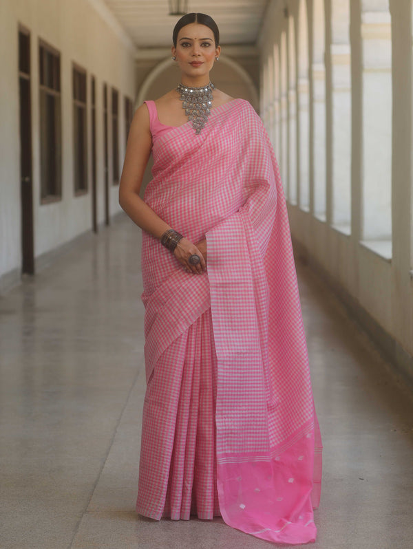 Banarasee Handwoven Tissue Saree With Sliver Zari Checks Design-Pink