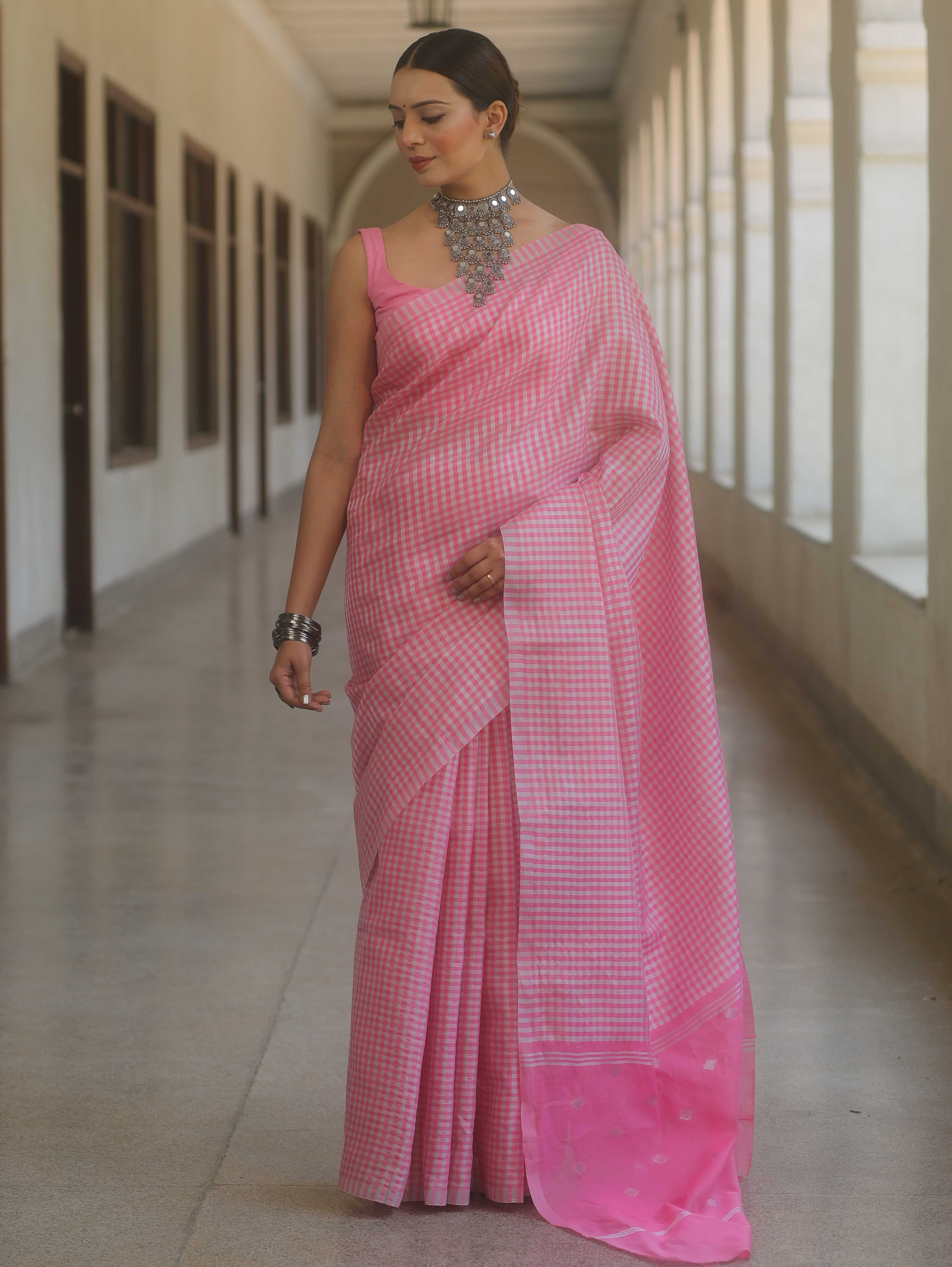Banarasee Handwoven Tissue Saree With Sliver Zari Checks Design-Pink