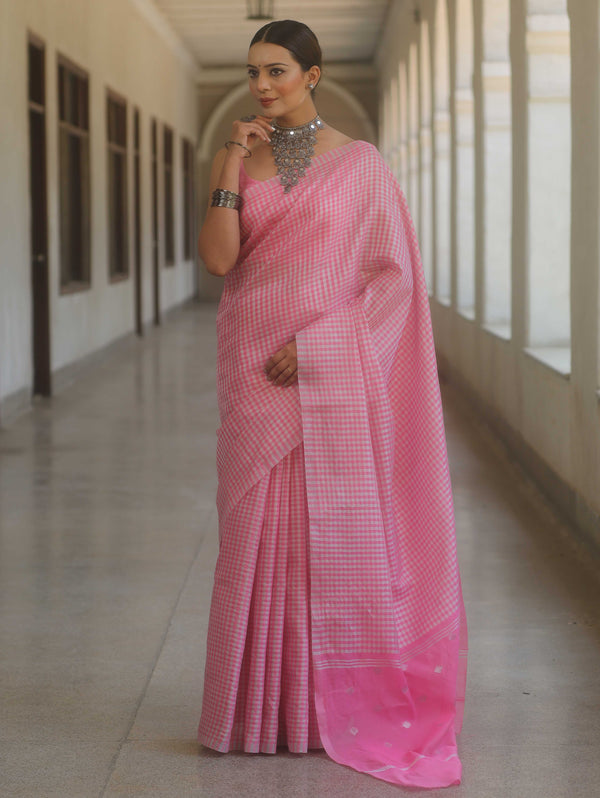Banarasee Handwoven Tissue Saree With Sliver Zari Checks Design-Pink