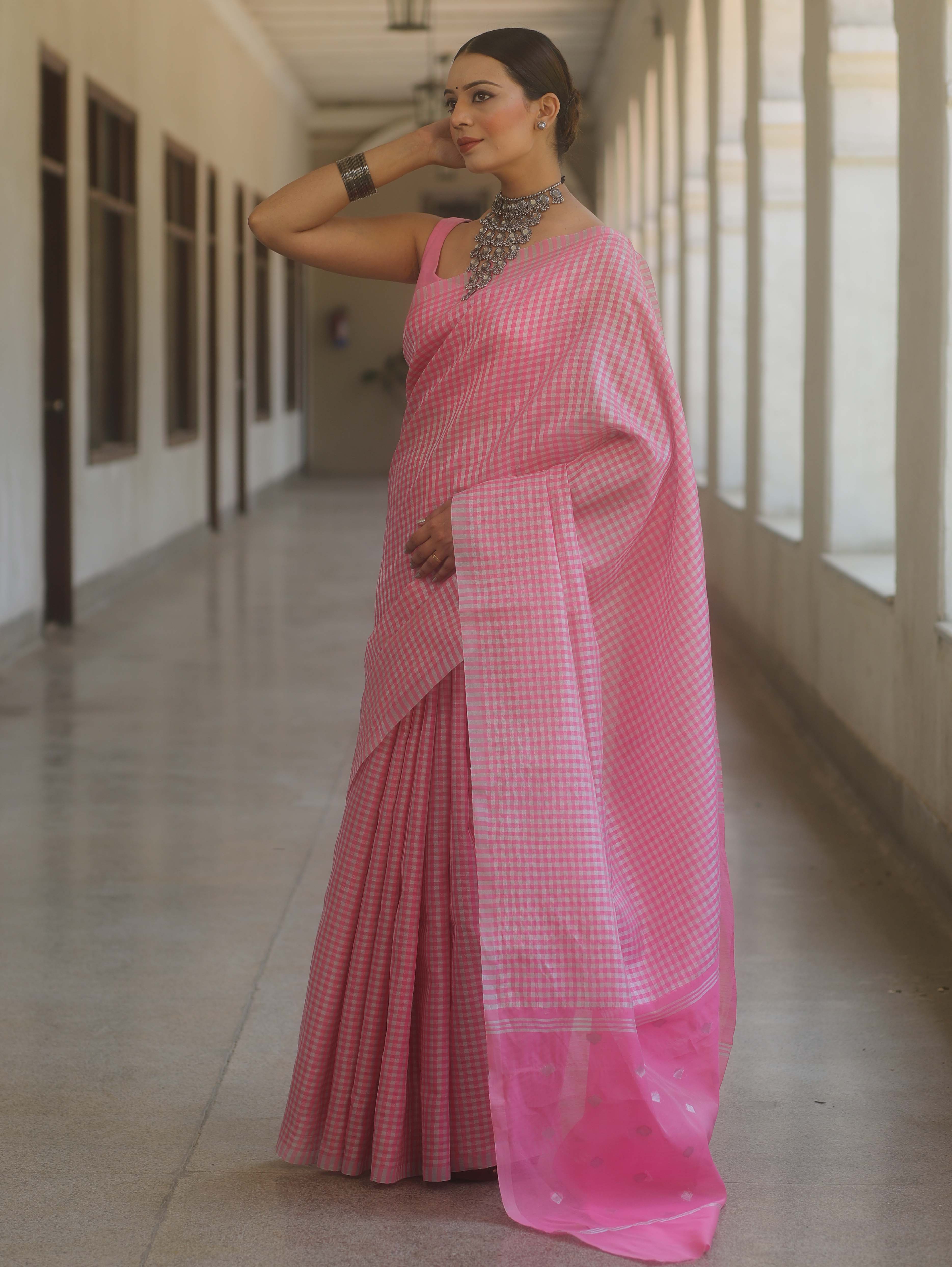 Banarasee Handwoven Tissue Saree With Sliver Zari Checks Design-Pink