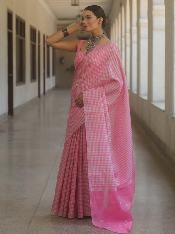 Banarasee Handwoven Tissue Saree With Sliver Zari Checks Design-Pink