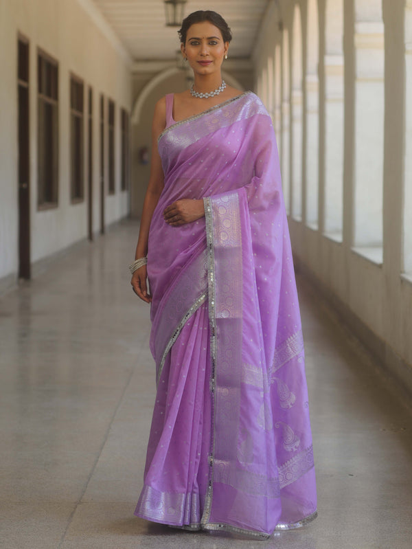 Banarasee Handwoven Semi-Chiffon Saree With Silver Zari & Lace-Lavender