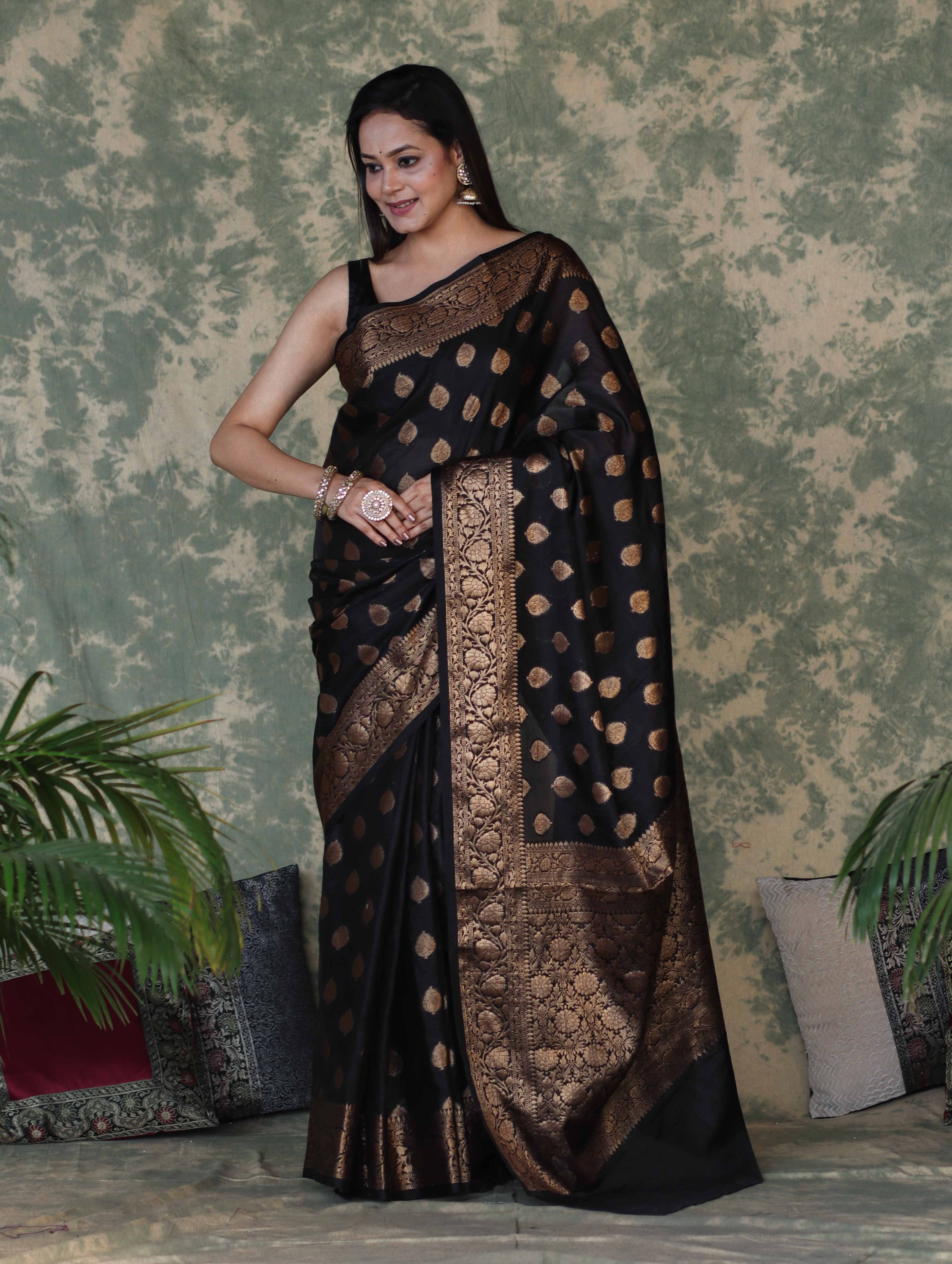 Banarasee Handloom Georgette Saree With Zari Buta Work & Border-Black