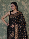 Banarasee Handloom Georgette Saree With Zari Buta Work & Border-Black