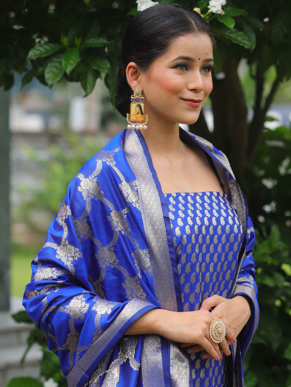 Banarasee Salwar Kameez Semi Katan Silk Fabric With Zari Work-Cobalt Blue