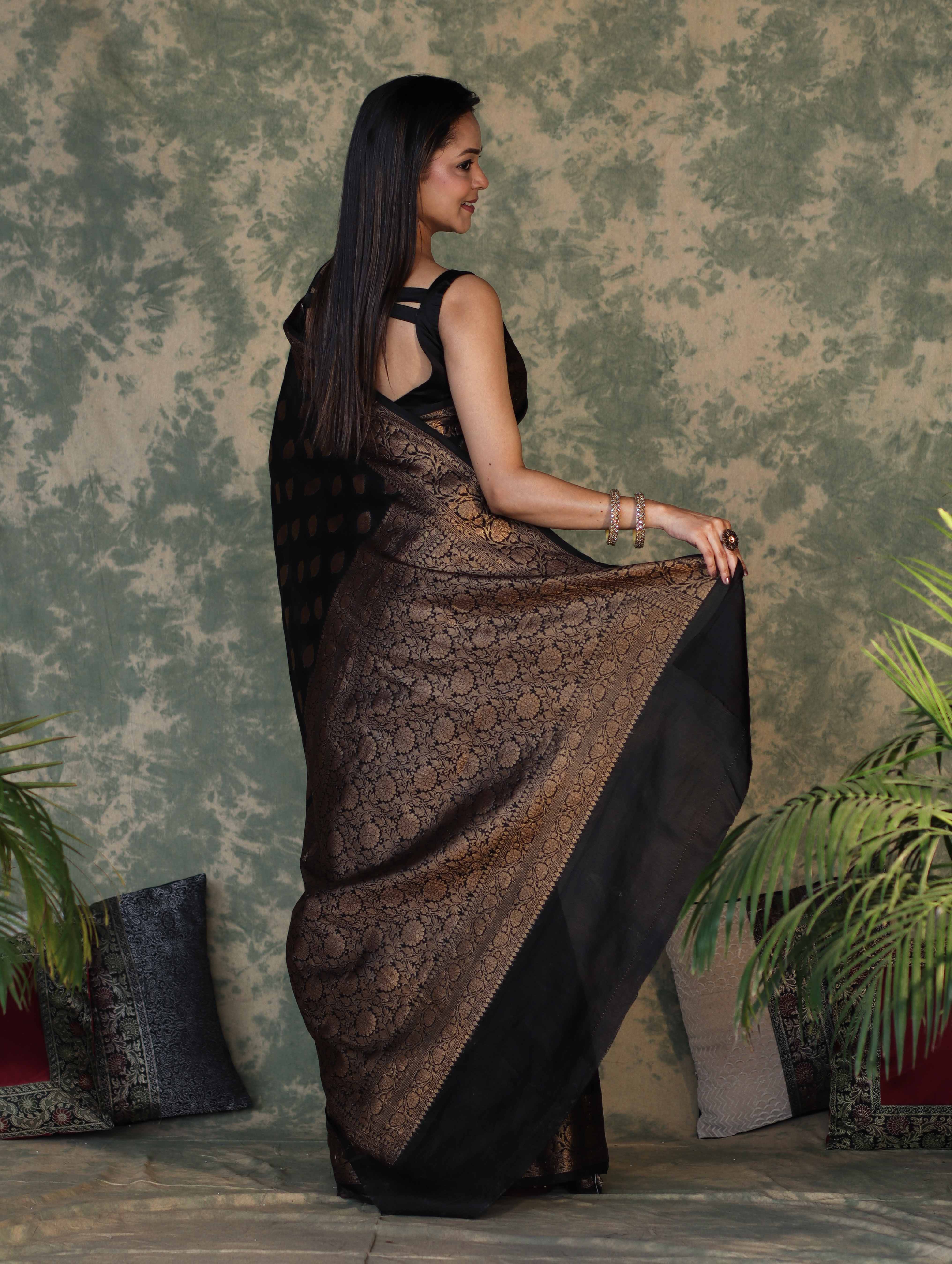Banarasee Handloom Georgette Saree With Zari Buta Work & Border-Black