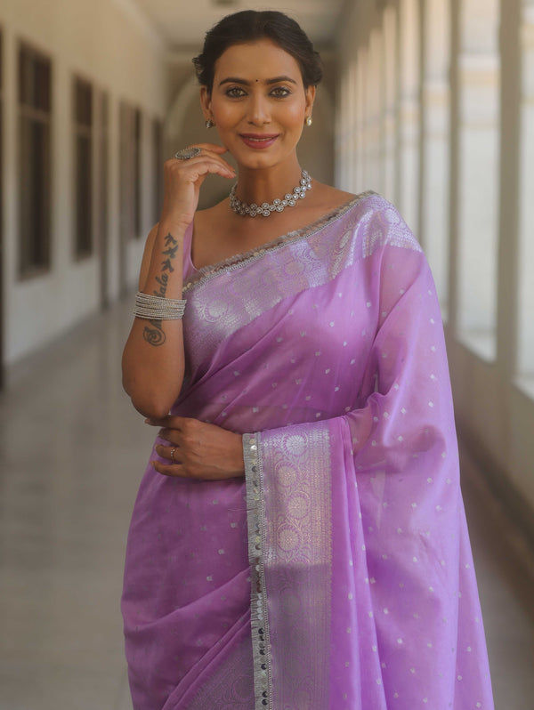 Banarasee Handwoven Semi-Chiffon Saree With Silver Zari & Lace-Lavender