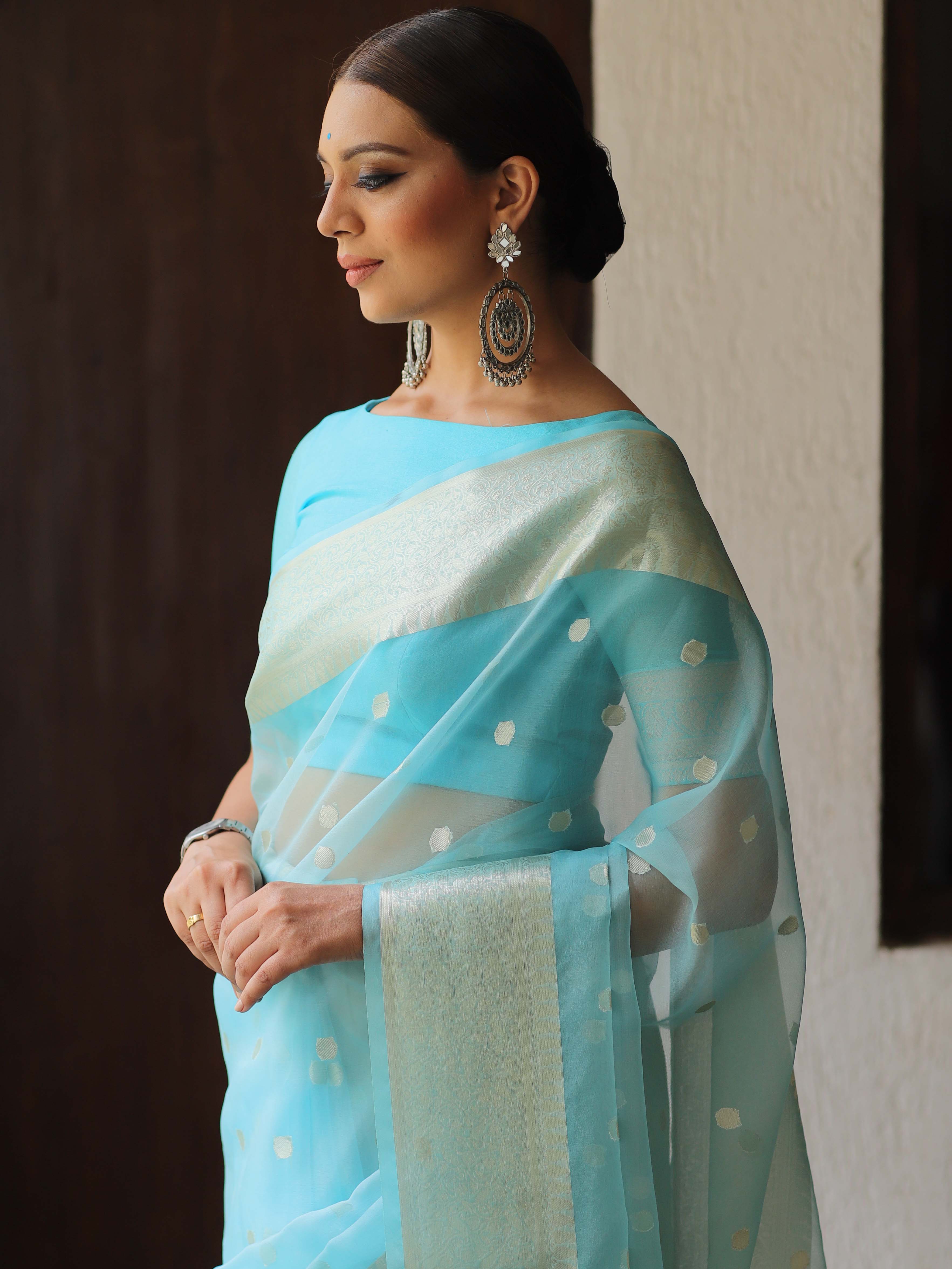 Banarasee Organza Mix Saree With Silver Zari Buta & Border-Light Blue