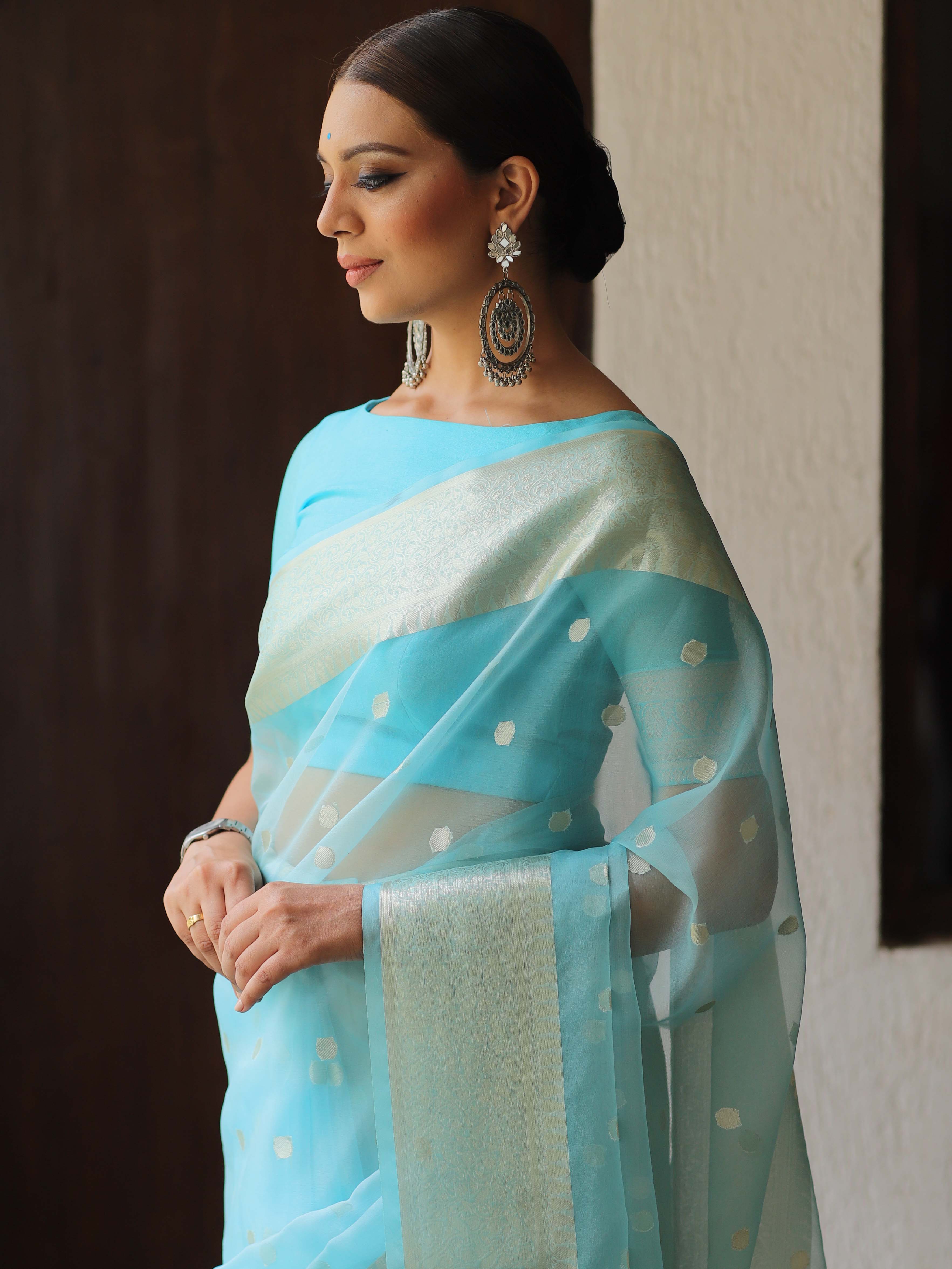 Banarasee Organza Mix Saree With Silver Zari Buta Border-Light Blue