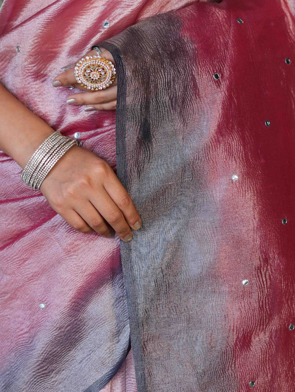 Banarasee Handwoven Crushed Tissue Saree With Mirror Work & Contrast Border-Onion Pink