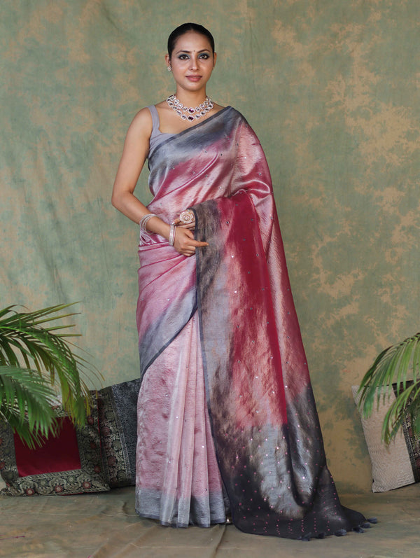 Banarasee Handwoven Crushed Tissue Saree With Mirror Work & Contrast Border-Onion Pink