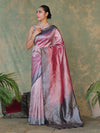 Banarasee Handwoven Crushed Tissue Saree With Mirror Work & Contrast Border-Onion Pink