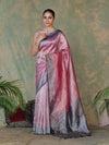 Banarasee Handwoven Crushed Tissue Saree With Mirror Work & Contrast Border-Onion Pink