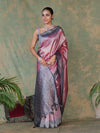Banarasee Handwoven Crushed Tissue Saree With Mirror Work & Contrast Border-Onion Pink