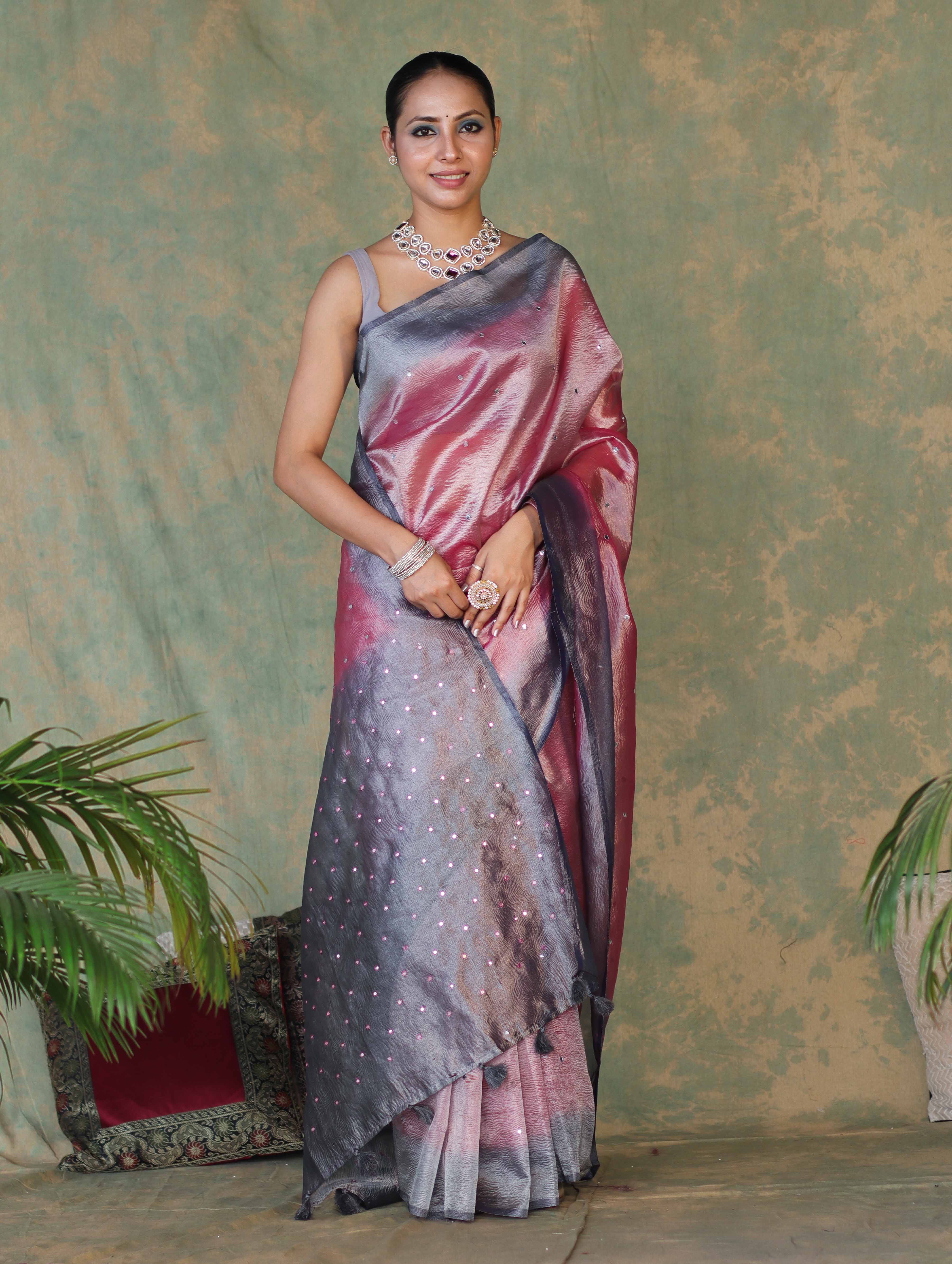 Banarasee Handwoven Crushed Tissue Saree With Mirror Work & Contrast Border-Onion Pink