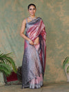 Banarasee Handwoven Crushed Tissue Saree With Mirror Work & Contrast Border-Onion Pink
