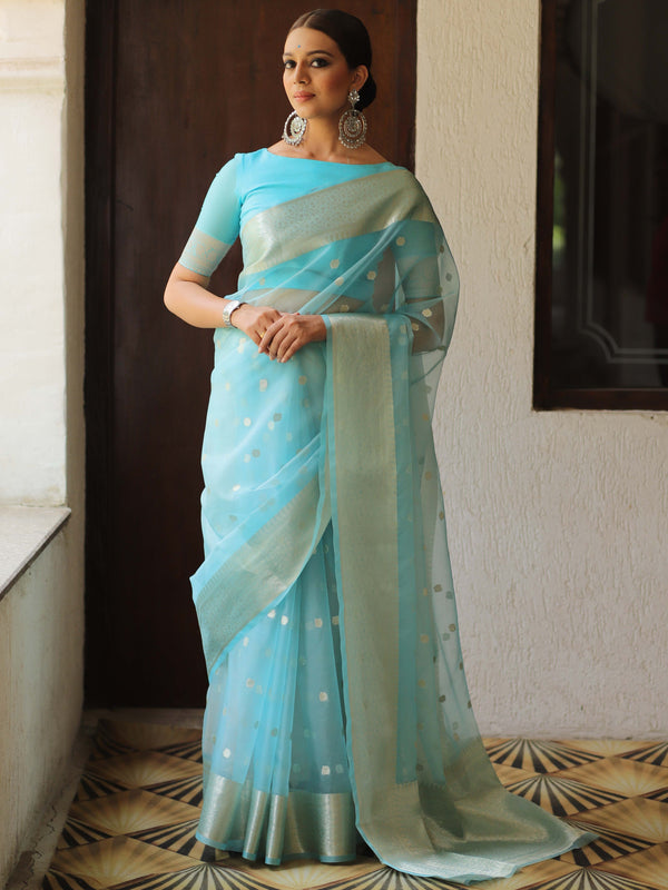 Banarasee Organza Mix Saree With Silver Zari Buta & Border-Light Blue