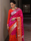 Banarasee Organza Saree With Silver Zari Design & Dual Color-Pink & Orange