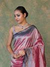 Banarasee Handwoven Crushed Tissue Saree With Mirror Work & Contrast Border-Onion Pink