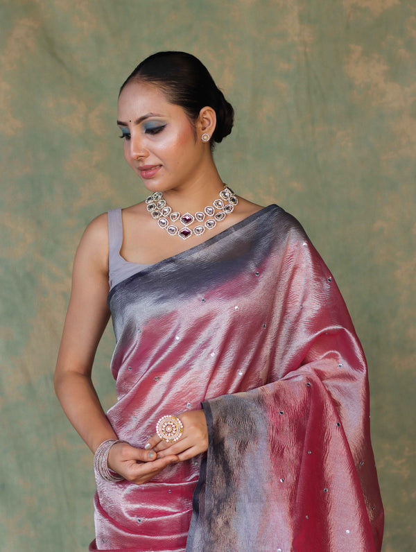 Banarasee Handwoven Crushed Tissue Saree With Mirror Work & Contrast Border-Onion Pink