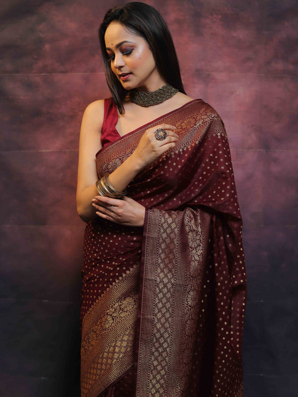 Banarasee Semi-Chiffon Saree With Antique Gold Zari Work-Maroon