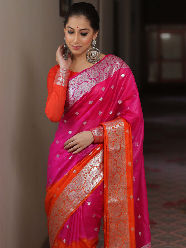 Banarasee Organza Saree With Silver Zari Design & Dual Color-Pink & Orange