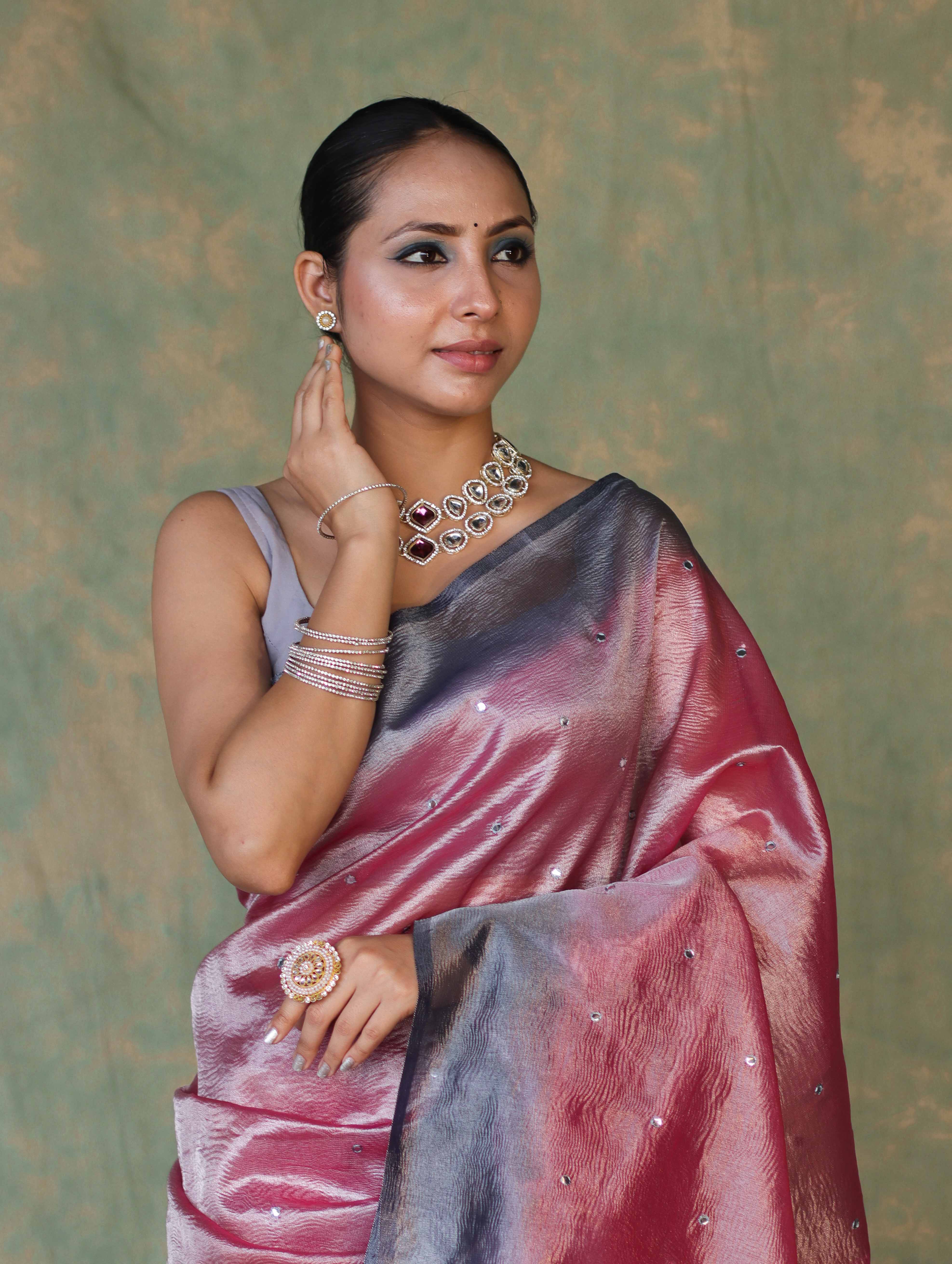 Banarasee Handwoven Crushed Tissue Saree With Mirror Work & Contrast Border-Onion Pink