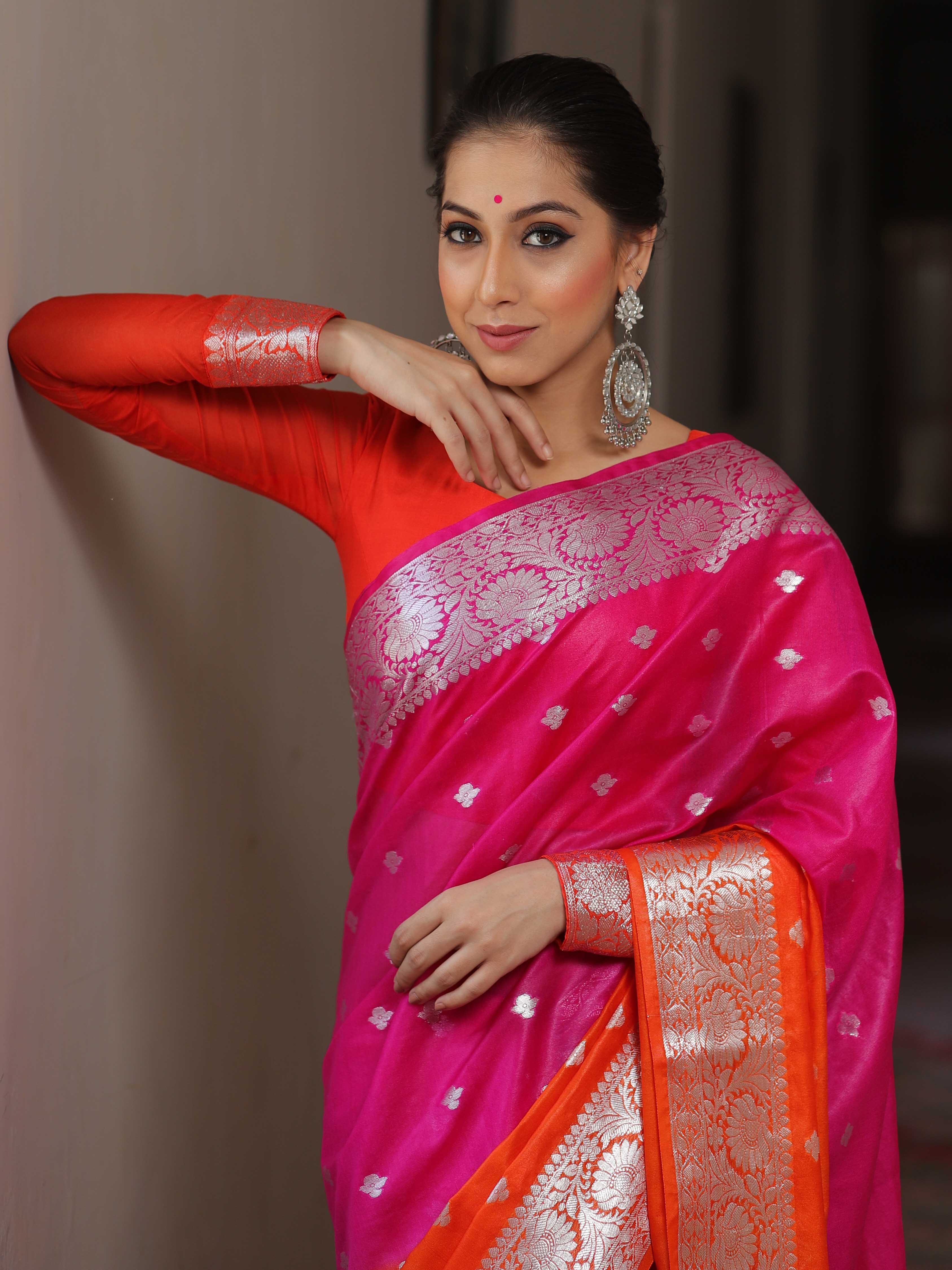 Banarasee Organza Saree With Silver Zari Design & Dual Color-Pink & Orange