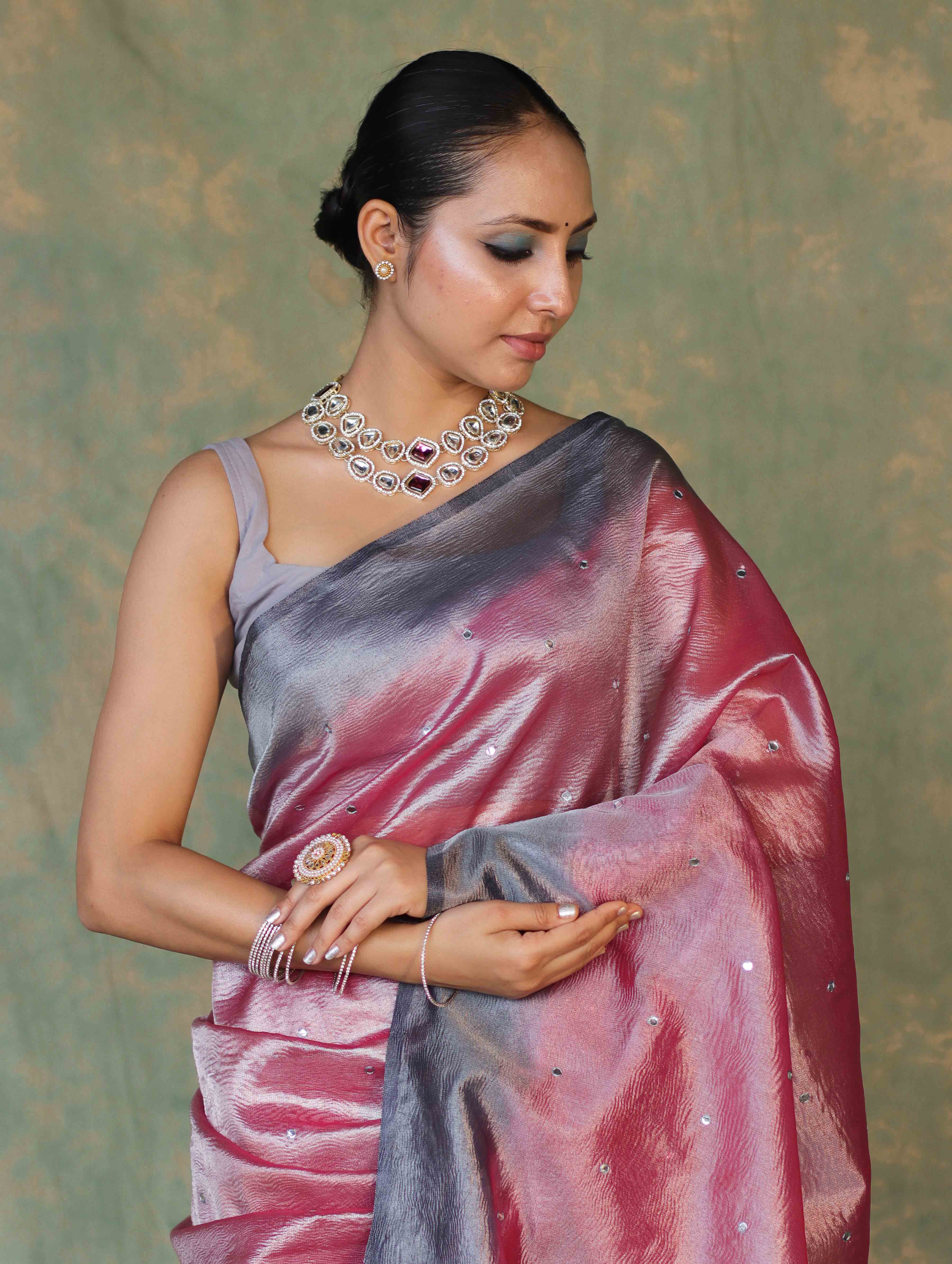 Banarasee Handwoven Crushed Tissue Saree With Mirror Work & Contrast Border-Onion Pink