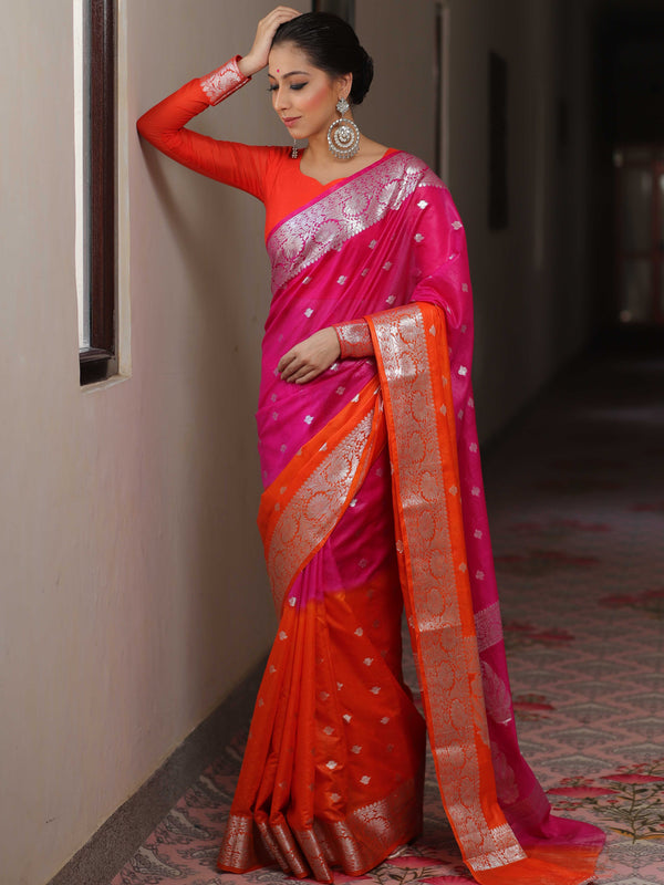 Banarasee Organza Saree With Silver Zari Design & Dual Color-Pink & Orange