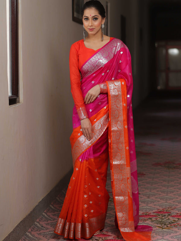 Banarasee Organza Saree With Silver Zari Design & Dual Color-Pink & Orange