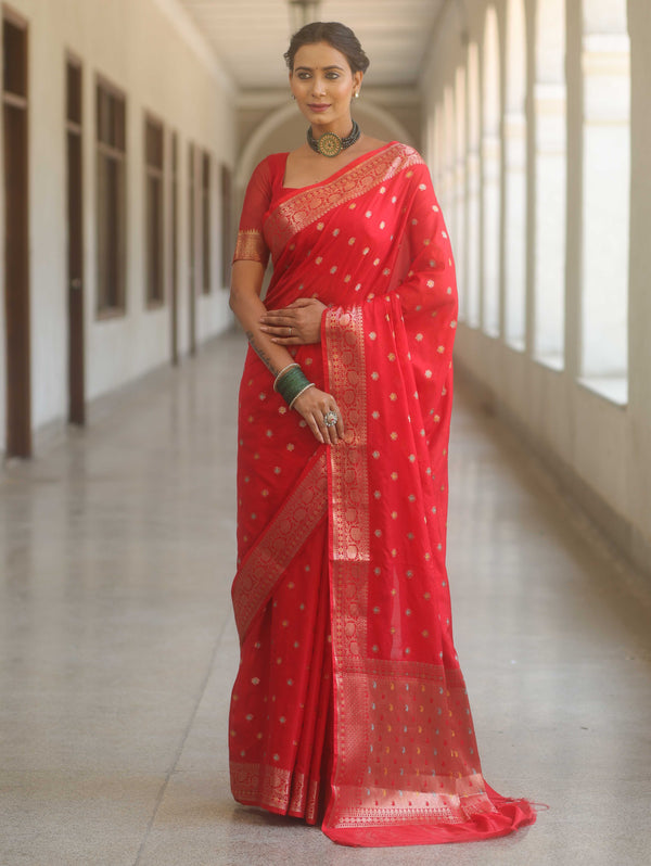 Banarasee Handwoven Semi Silk Saree With Zari Buti Design-Red
