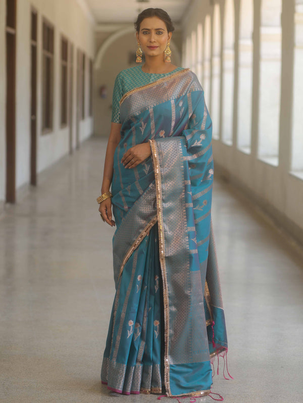 Banarasee Handwoven Semi Silk Saree With Zari Buti Design-Blue (Dual Tone)