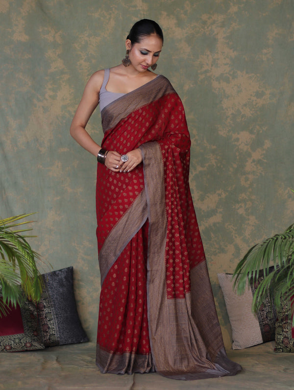 Banarasee Handloom Soft Cotton Saree With Resham Work & Contrast Border-Maroon & Grey