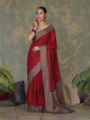 Banarasee Handloom Soft Cotton Saree With Resham Work & Contrast Border-Maroon & Grey