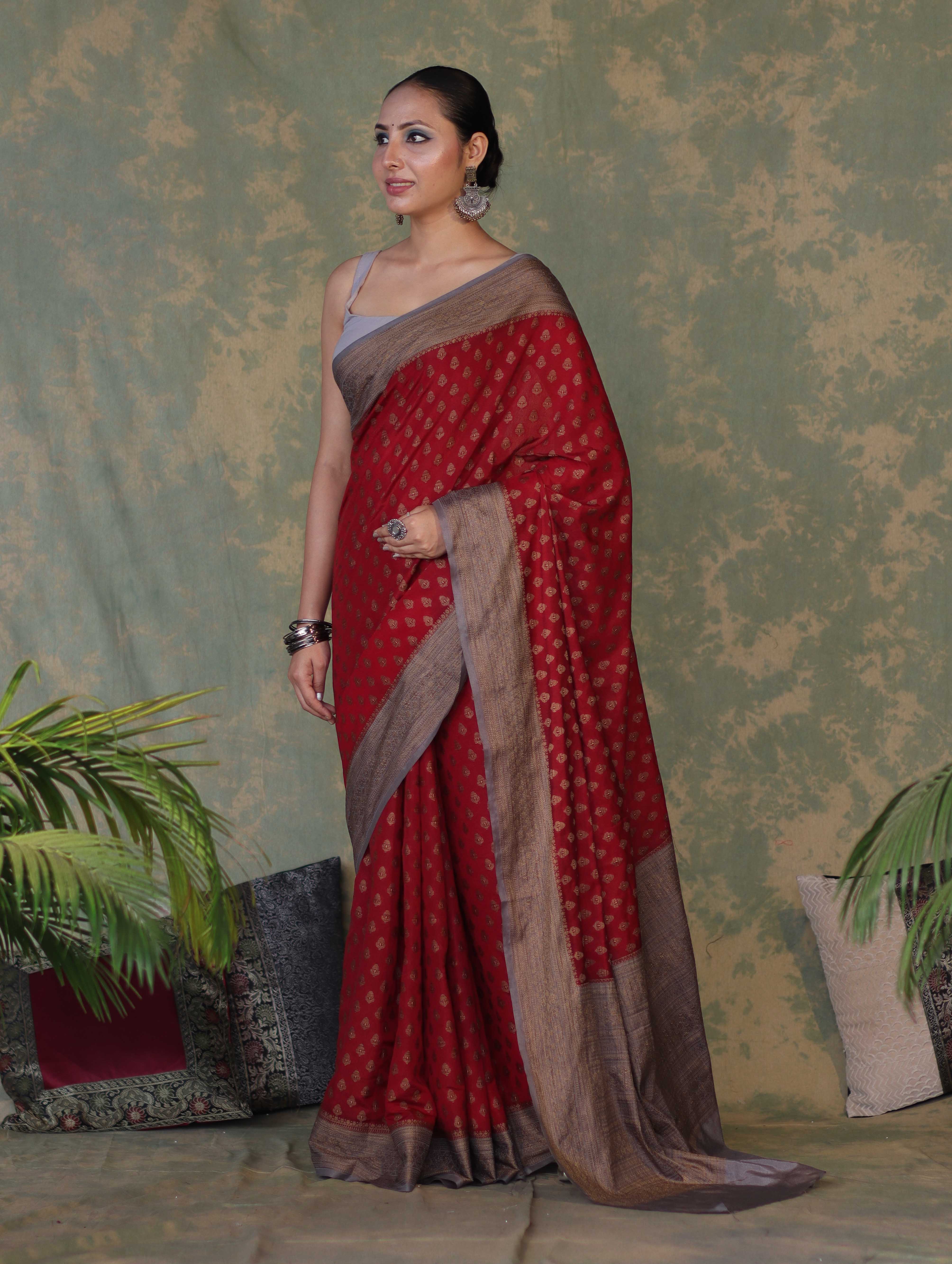 Banarasee Handloom Soft Cotton Saree With Resham Work & Contrast Border-Maroon & Grey