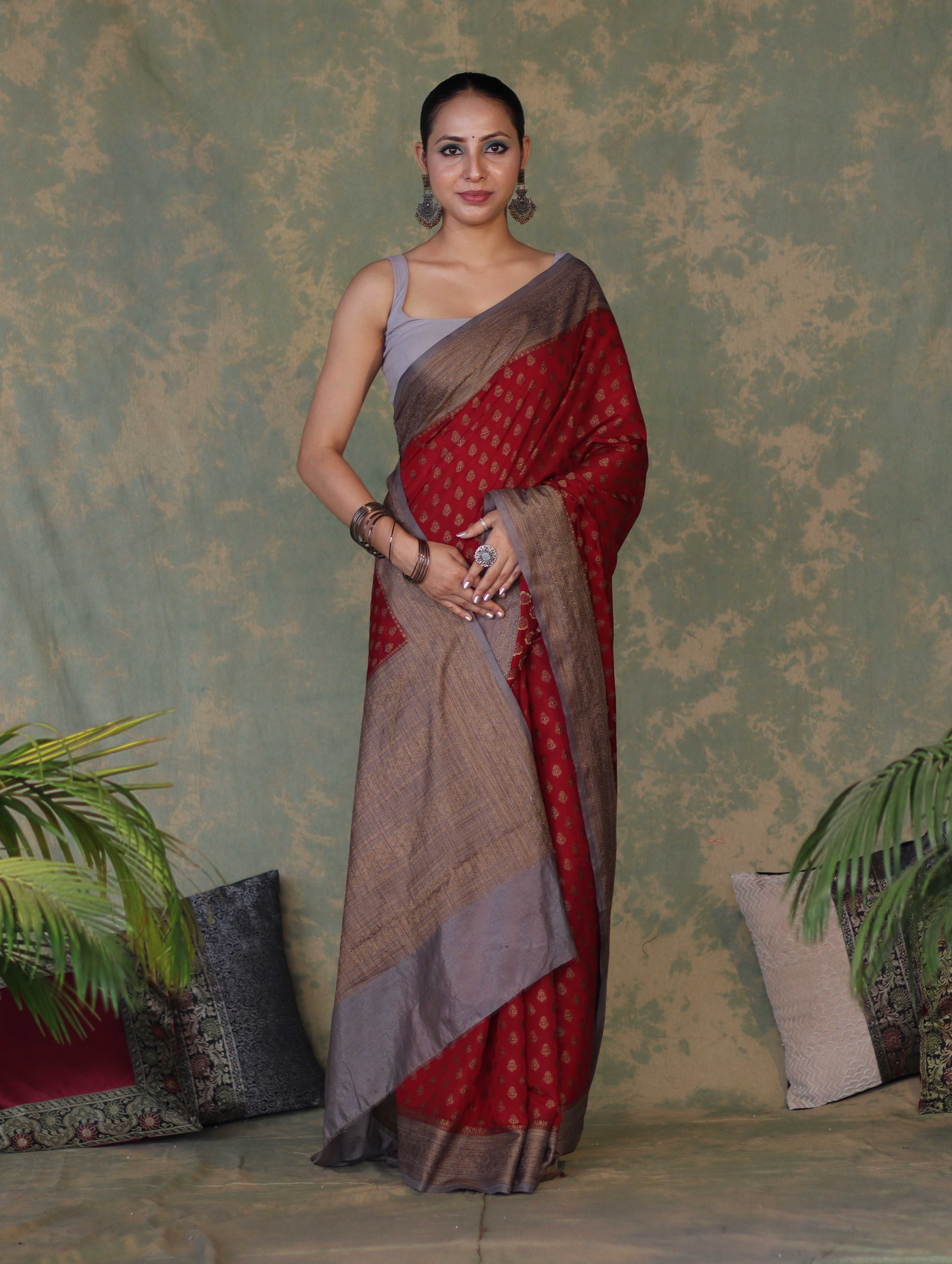 Banarasee Handloom Soft Cotton Saree With Resham Work & Contrast Border-Maroon & Grey