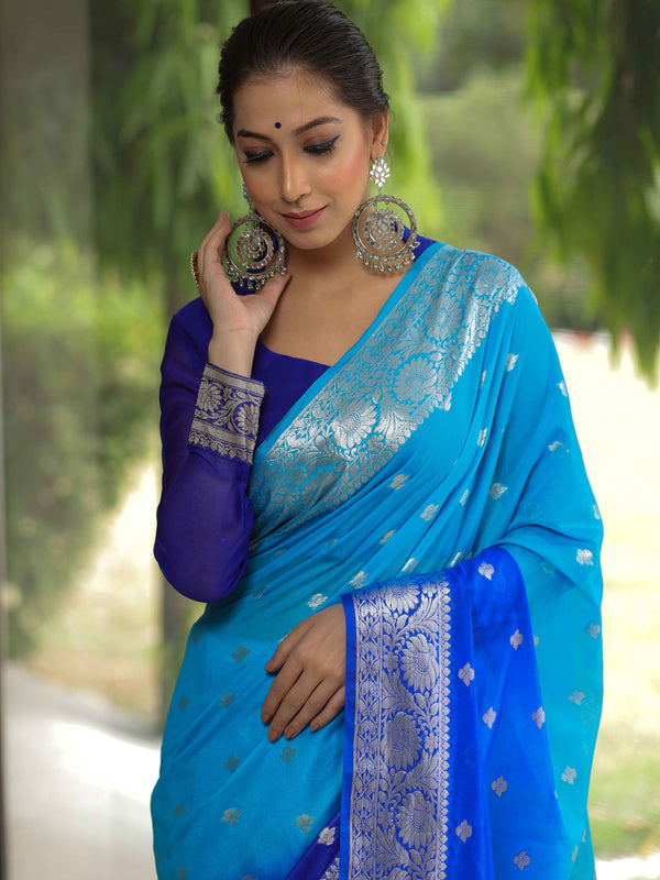 Banarasee Organza Saree With Silver Zari Design & Dual Color-Blue