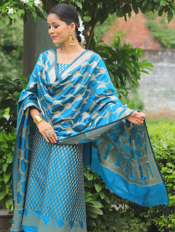Banarasee Salwar Kameez Semi Katan Silk Fabric With Zari Work-Teal Blue