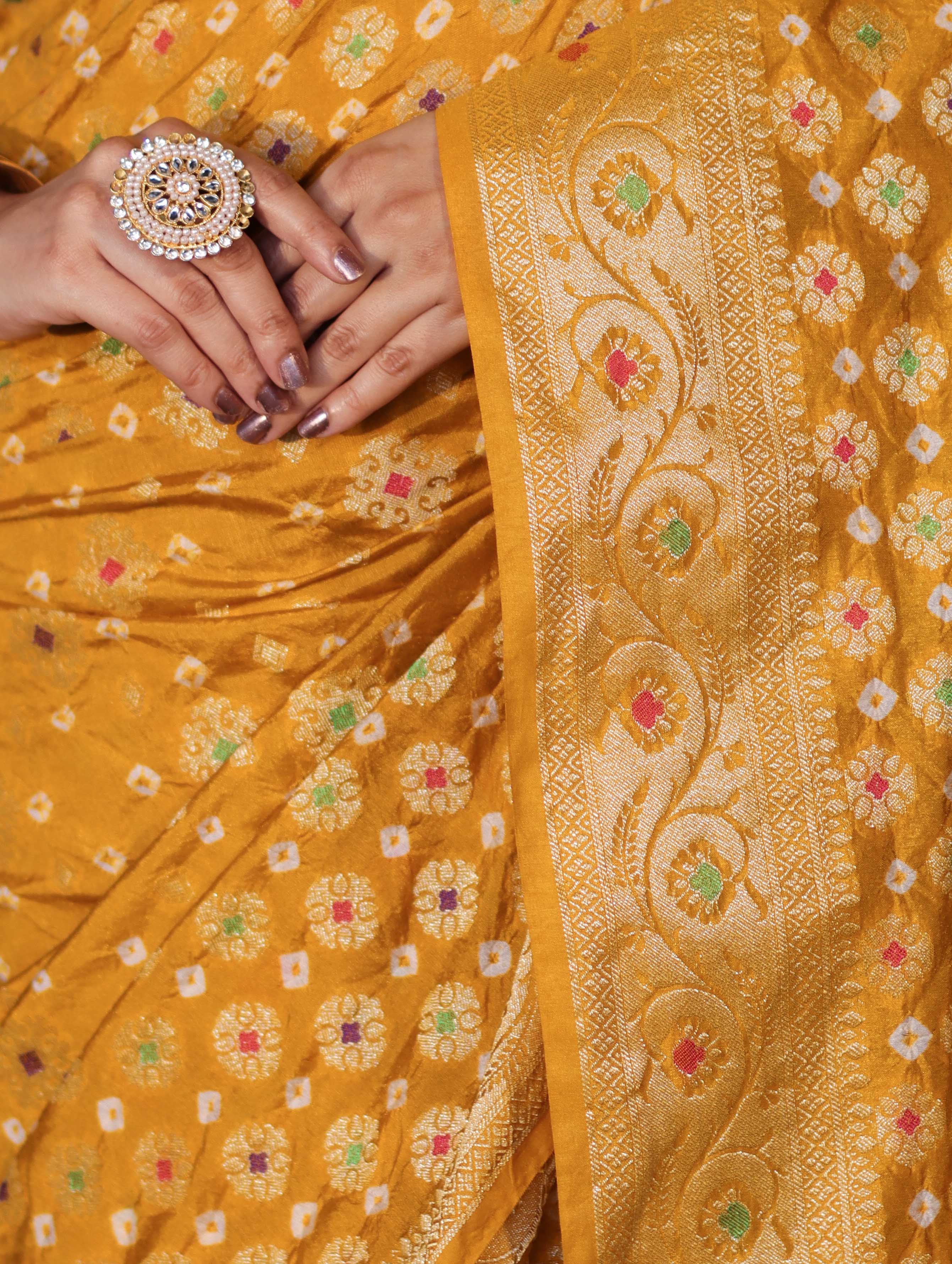 Banarasee Handloom Semi Silk Bandhej Saree With Broad Zari Floral Border-Mustard Yellow