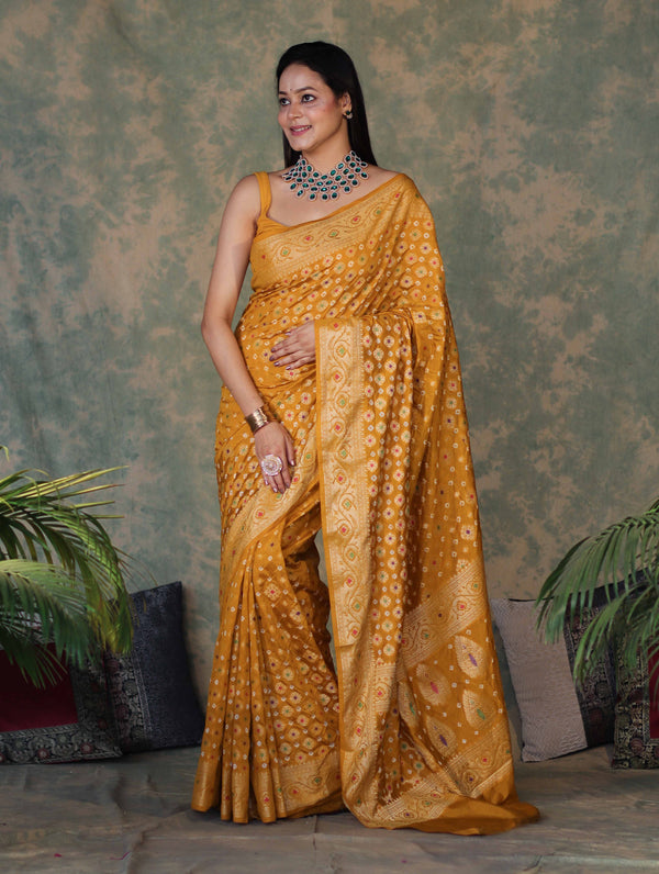 Banarasee Handloom Semi Silk Bandhej Saree With Broad Zari Floral Border-Mustard Yellow
