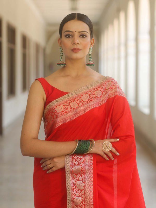 Banarasee Handwoven Semi Silk Saree With Silver Zari Border & Lace-Red