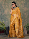 Banarasee Handloom Semi Silk Bandhej Saree With Broad Zari Floral Border-Mustard Yellow