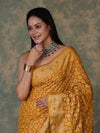 Banarasee Handloom Semi Silk Bandhej Saree With Broad Zari Floral Border-Mustard Yellow