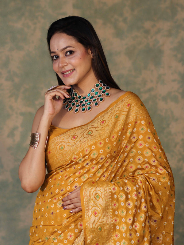 Banarasee Handloom Semi Silk Bandhej Saree With Broad Zari Floral Border-Mustard Yellow